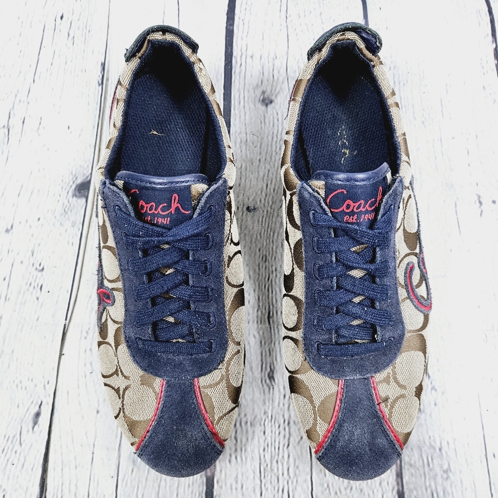 COACH | Devin khaki navy suede laceup monogram spellout sneaker